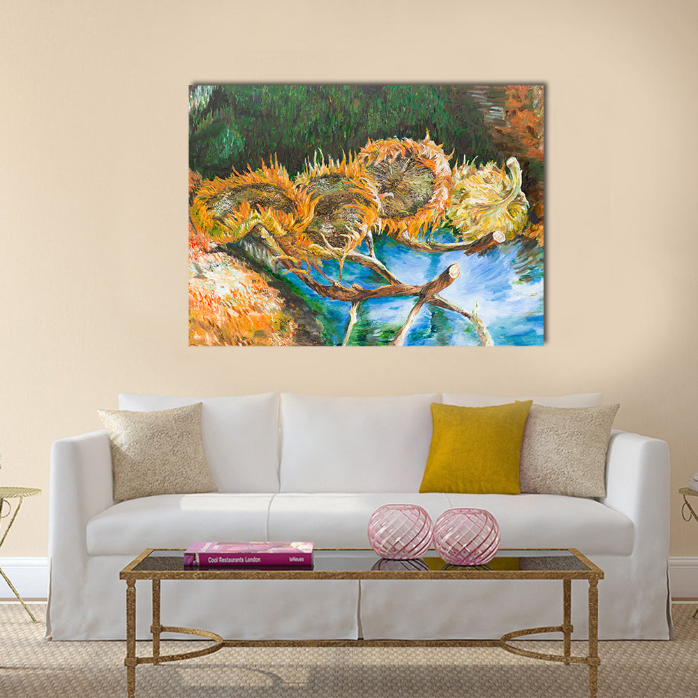 Four Cut Sunflower Heads Canvas Wall Art in yellow, green and blue, single panel hung on a wall