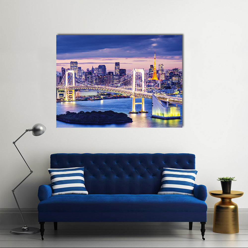 Rainbow Bridge Over Tokyo Bay Canvas Wall Art in yellow, blue and purple, single panel hung on a wall