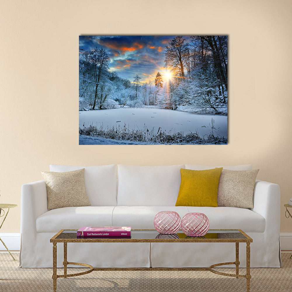 Spectacular Sunset Over Winter Forest Lake Canvas Wall Art
