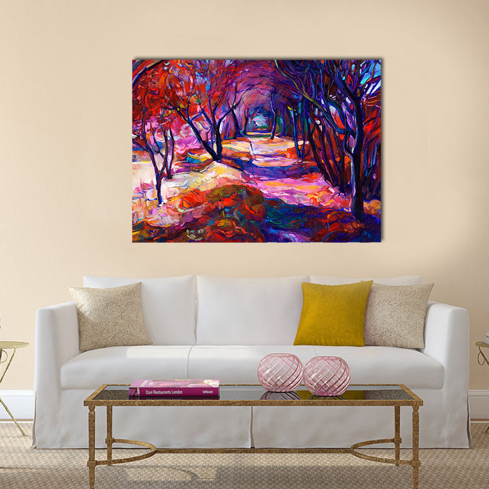 Sunlit Forest Path Canvas Wall Art in red, blue and purple, single panel hung on a wall