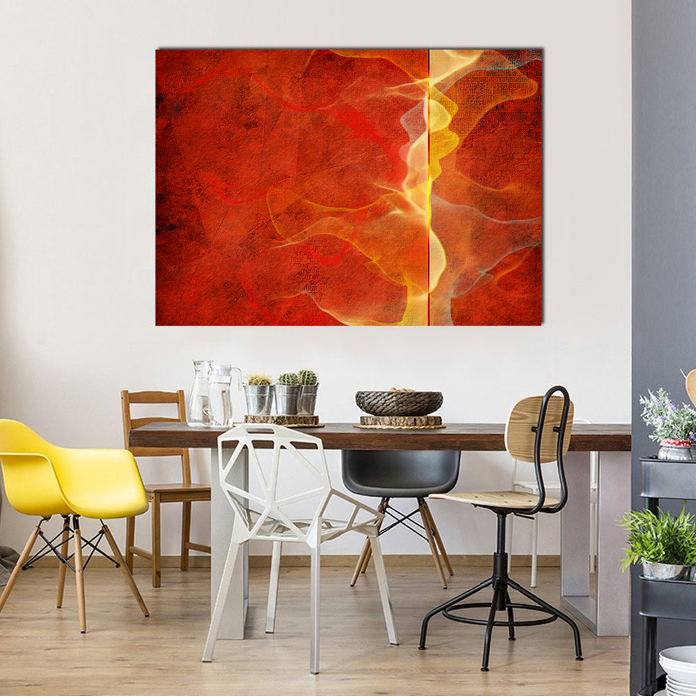 Fiery Marble Abstract in Red and Gold Canvas Wall Art in gold, red and orange, single panel hung on a wall