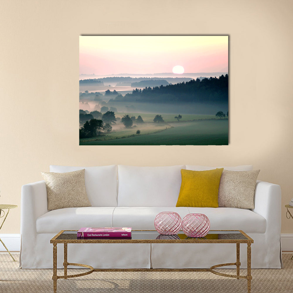 Misty Sunrise Over Layered Hills Canvas Wall Art