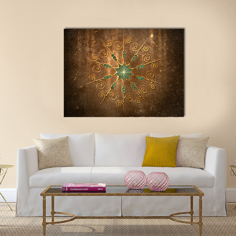 Fabric Style Mandala Canvas Wall Art in brown and gold, single panel hung on a wall