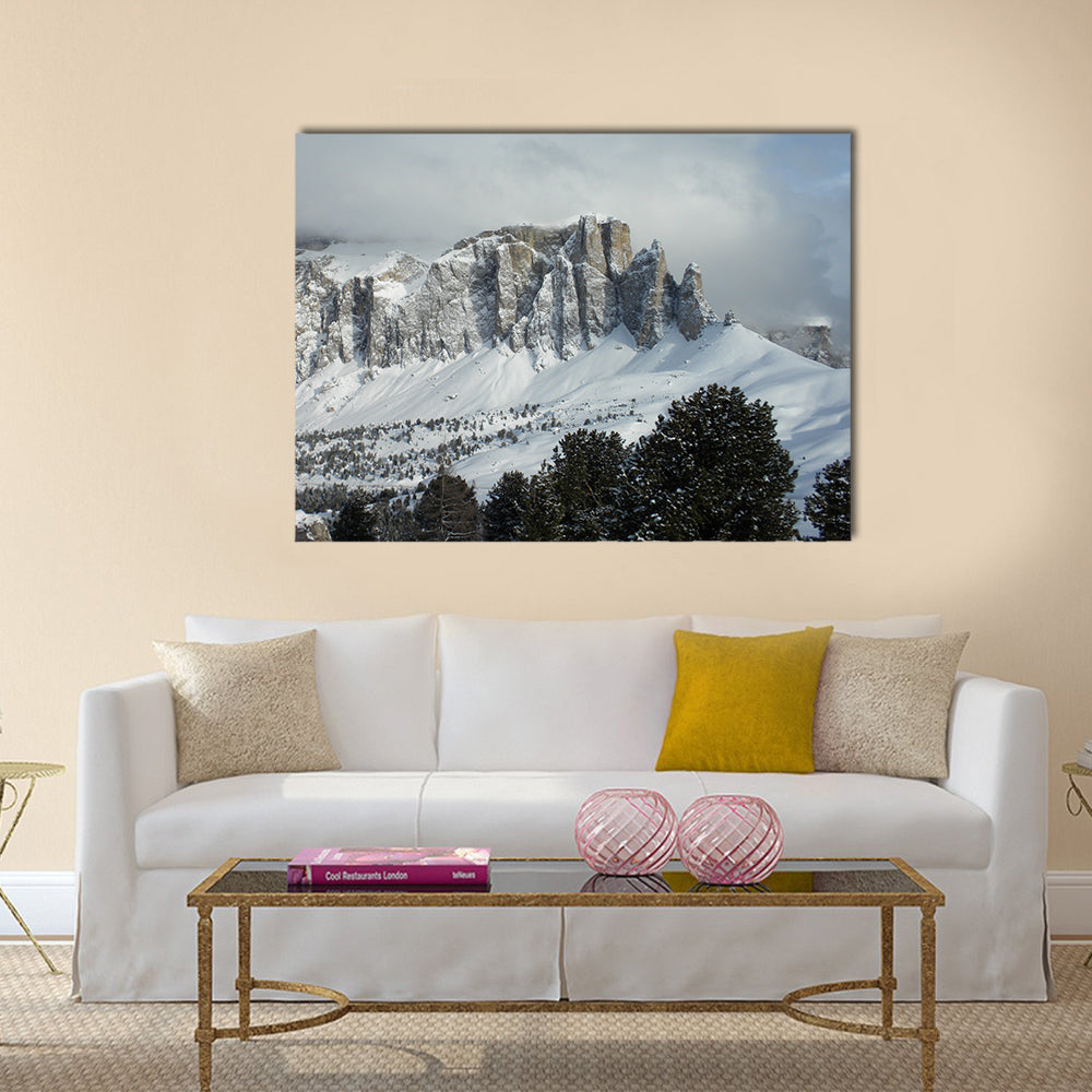 Gruppo Cella Mountains In Italy Canvas Wall Art in white, gray and blue, single panel hung on a wall