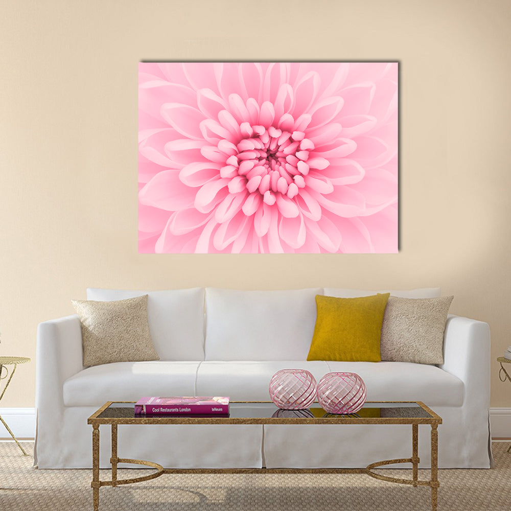 Pink Chrysanthemum Petals Canvas Wall Art in pink, single panel hung on a wall