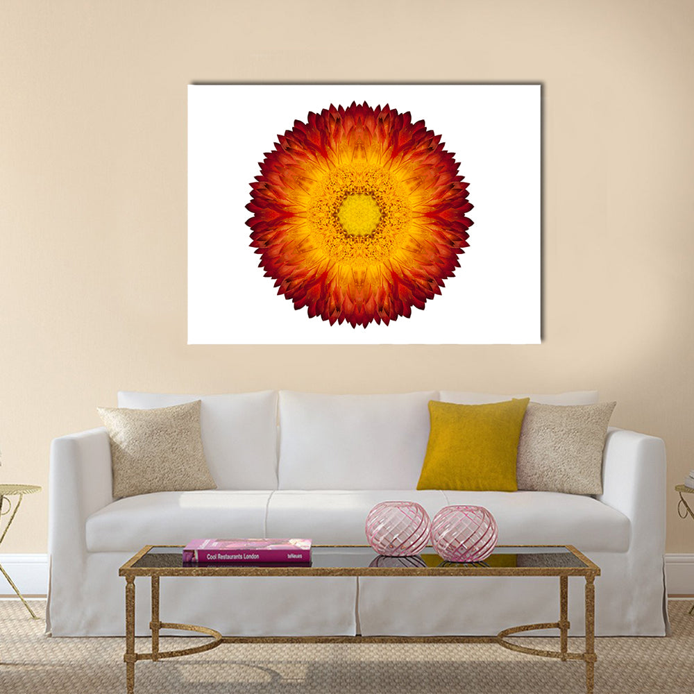 Kaleidoscopic Strawflower Mandala Canvas Wall Art in white, red and yellow, single panel hung on a wall