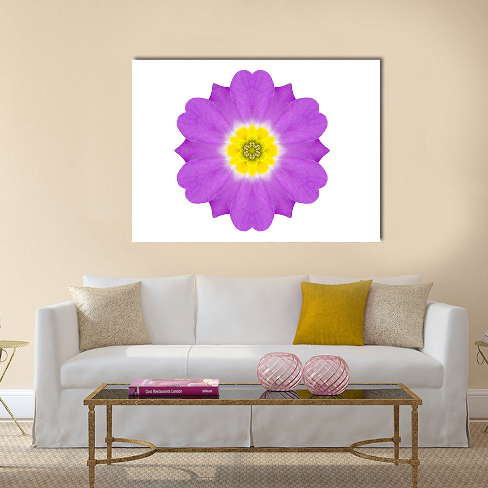 Purple Kaleidoscopic Flower Canvas Wall Art in white, yellow and purple, single panel hung on a wall