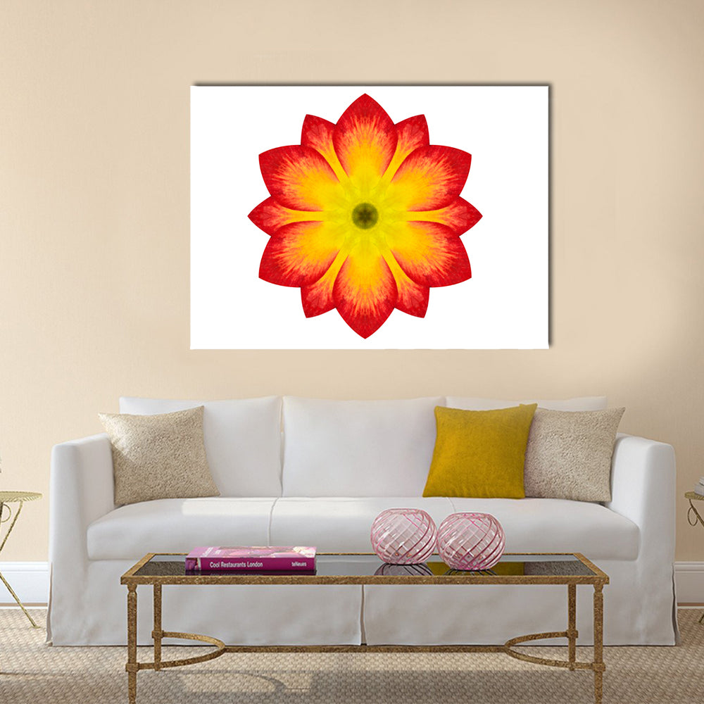 Primrose Mandala Flower Canvas Wall Art in white, red and yellow, single panel hung on a wall