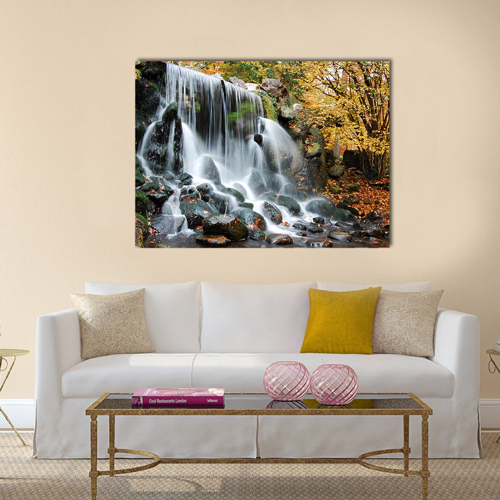 Autumn Waterfall in Sonsbeek Park Arnhem Canvas Wall Art in black, white and yellow, single panel hung on a wall