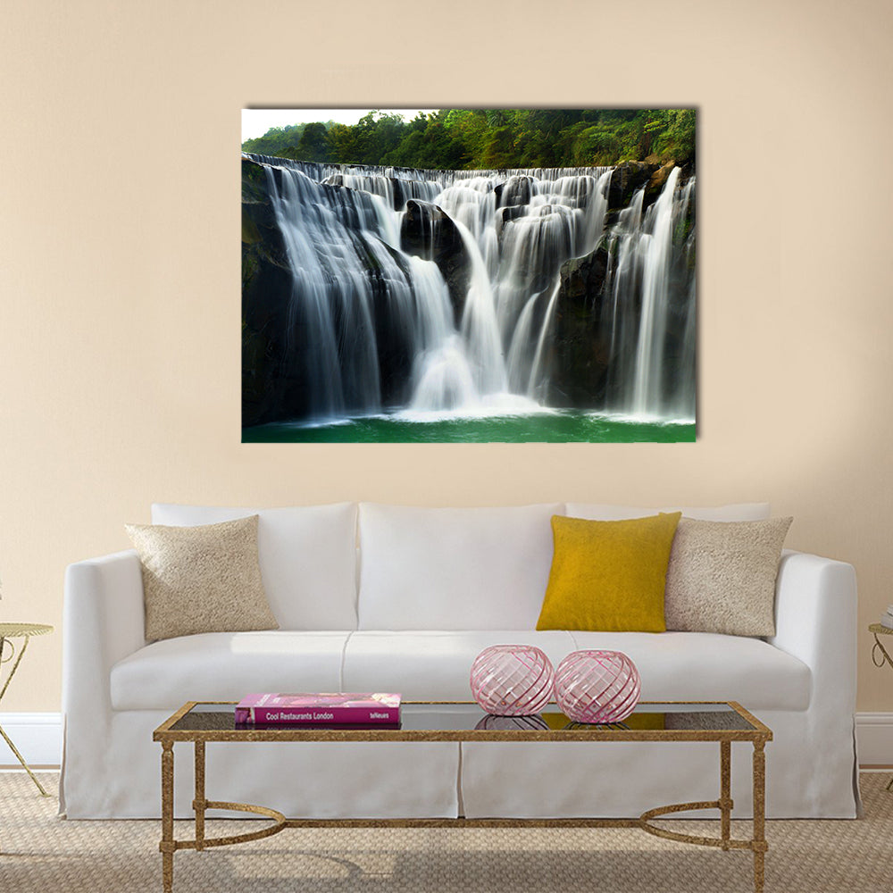 Waterfall In ShiFen Taiwan Canvas Wall Art in black, white and green, single panel hung on a wall