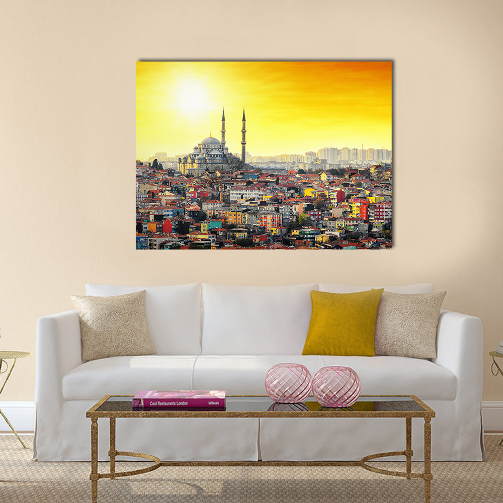 Mosque Suleymaniye At Sunset In Istanbul Canvas Wall Art in orange, yellow and multicolor, single panel hung on a wall