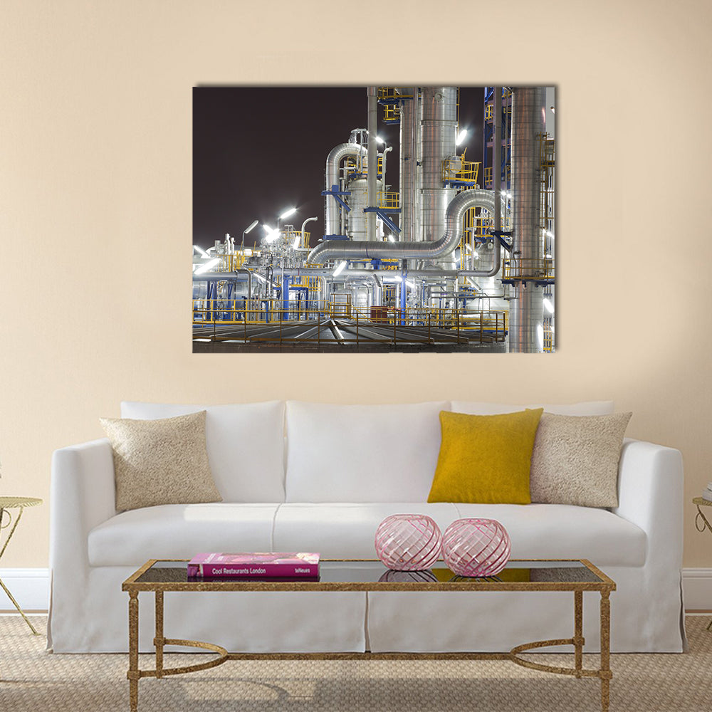 Chemical Industrial Plant at Night Canvas Wall Art in black, gray and silver, single panel hung on a wall