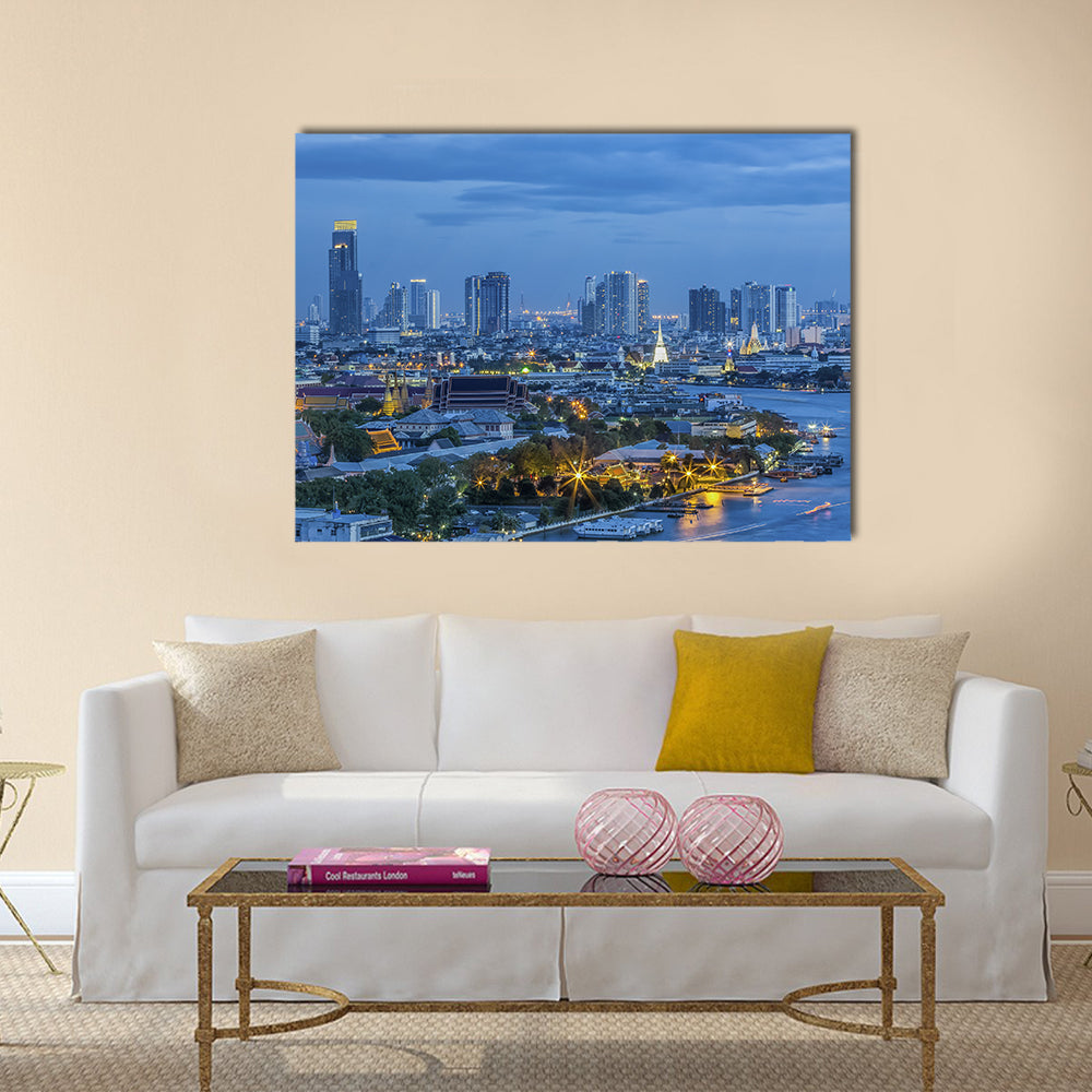 Grand Palace At Twilight In Bangkok Canvas Wall Art in gold and blue, single panel hung on a wall