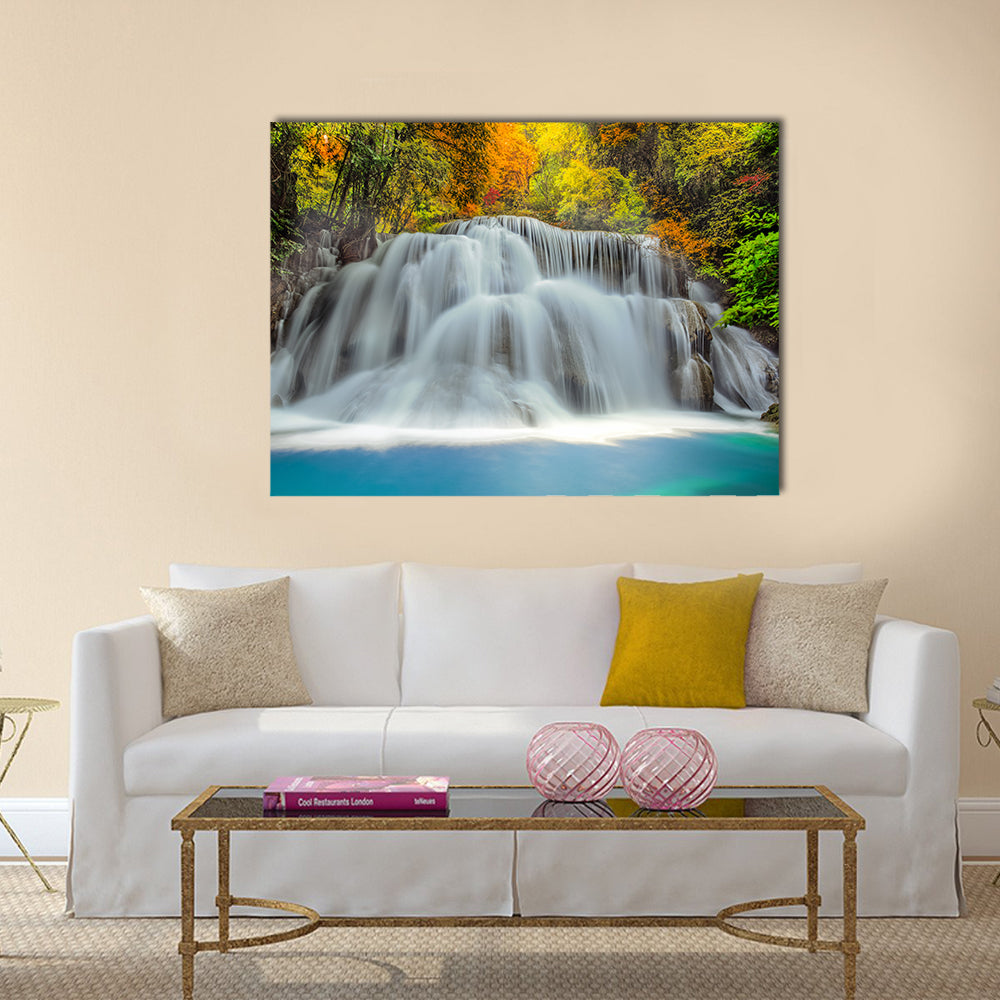 Tropical Waterfall In Thailand Canvas Wall Art in white, green and blue, single panel hung on a wall