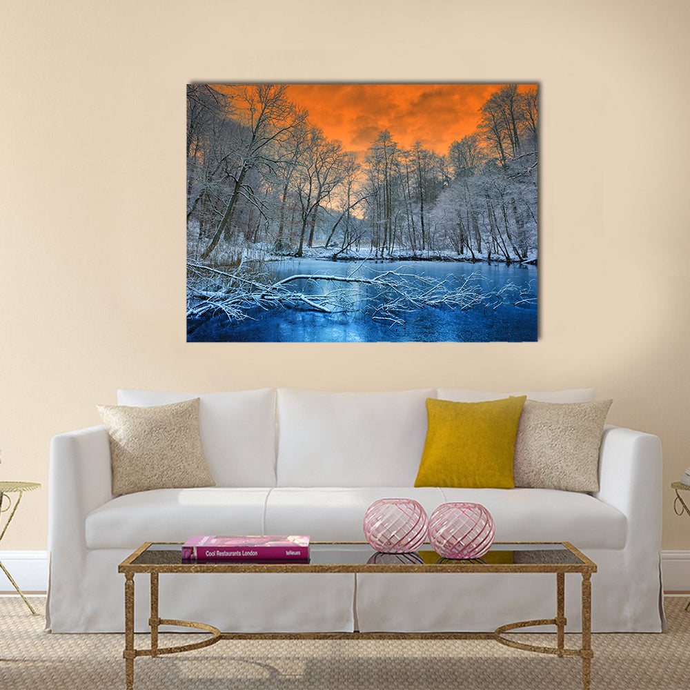 Orange Sunset Over White Winter Forest Canvas Wall Art