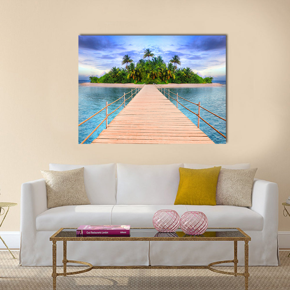 Wooden Pier to Tropical Maldives Island Canvas Wall Art