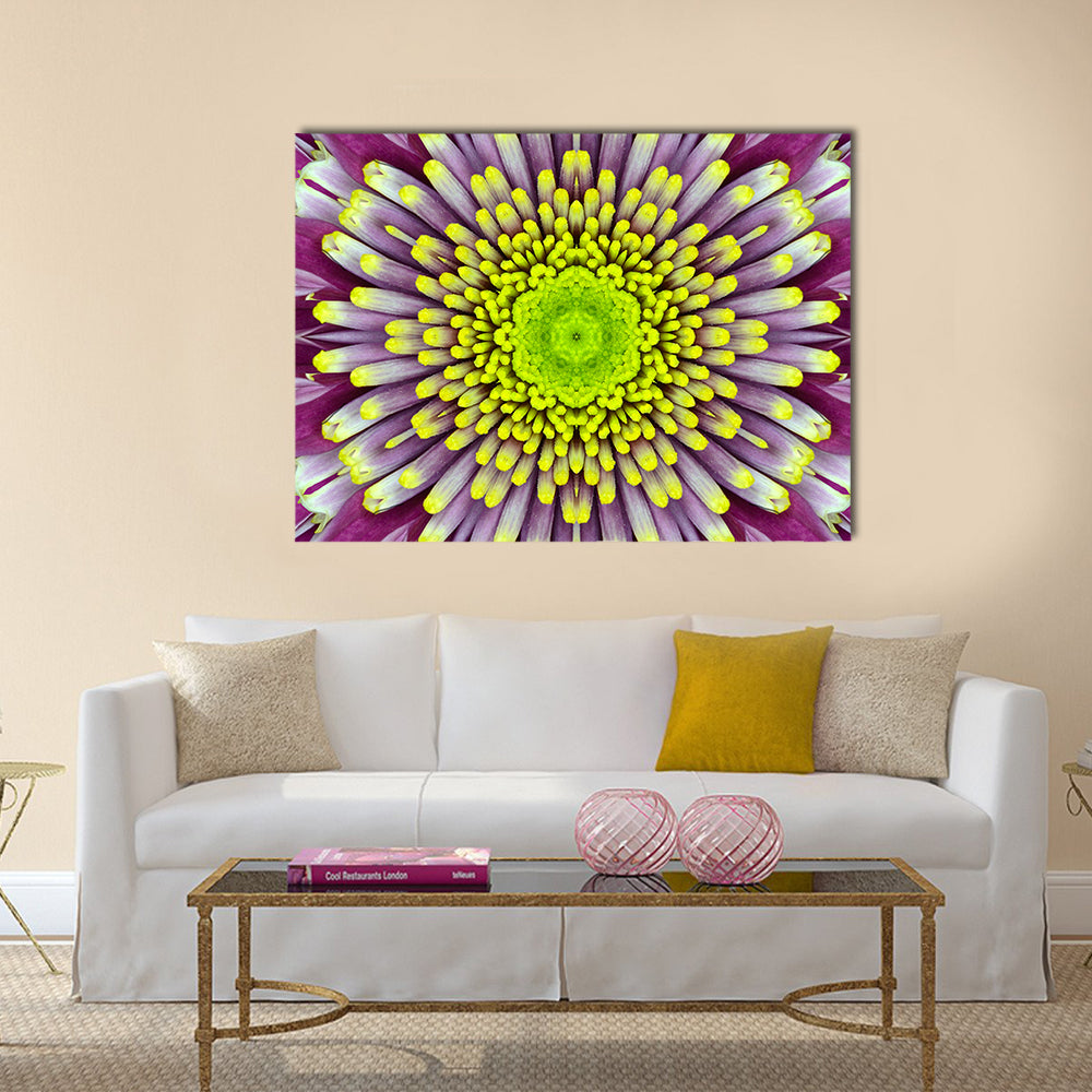 Purple And Green Concentric Flower Canvas Wall Art in yellow, green and purple, single panel hung on a wall