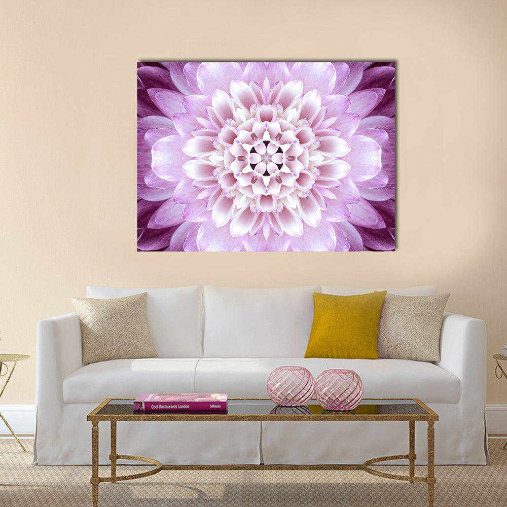 Purple Concentric Flower Canvas Wall Art in white, purple and pink, single panel hung on a wall