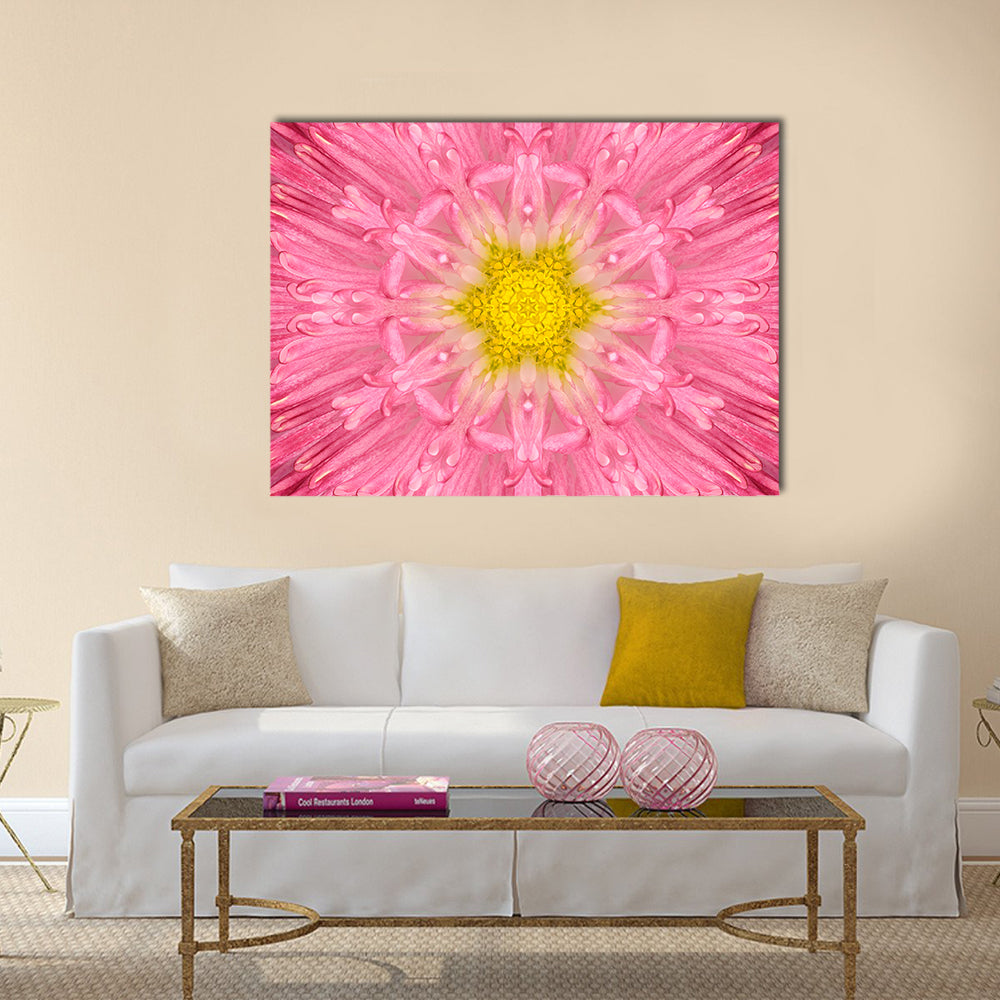 Pink Concentric Flower Canvas Wall Art in yellow and pink, single panel hung on a wall