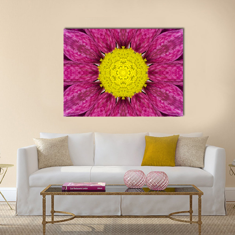 Purple Concentric Flower Canvas Wall Art in yellow and purple, single panel hung on a wall