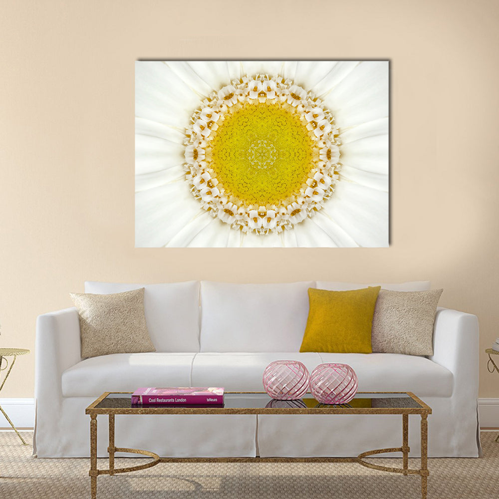White Concentric Flower Canvas Wall Art in white and yellow, single panel hung on a wall