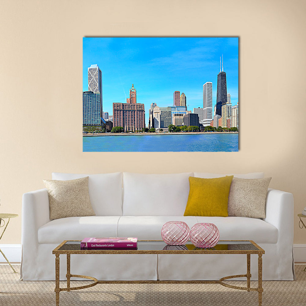 Chicago Lakeshore Skyline Canvas Wall Art in gray, brown and blue, single panel hung on a wall