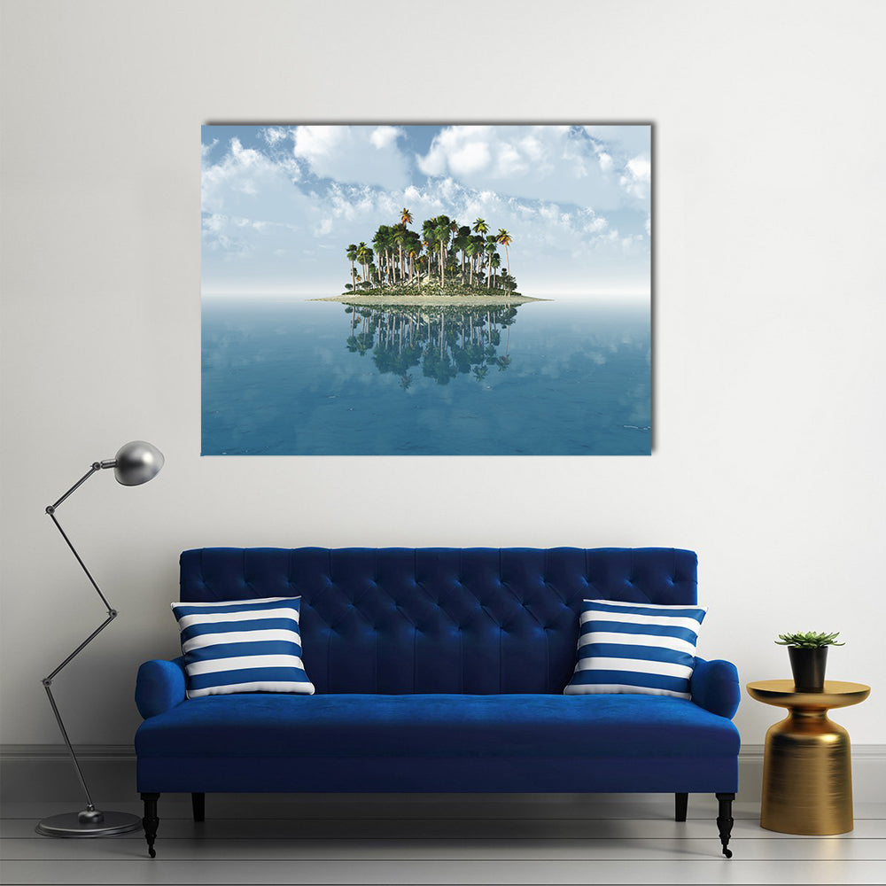 Tropical Island with Mirror Reflection Canvas Wall Art in white and blue, single panel hung on a wall