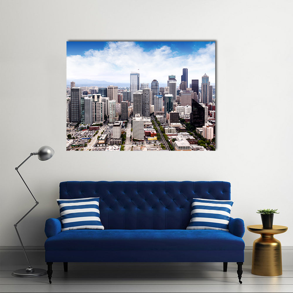 Seattle Cityscape Canvas Wall Art in white, gray and blue, single panel hung on a wall