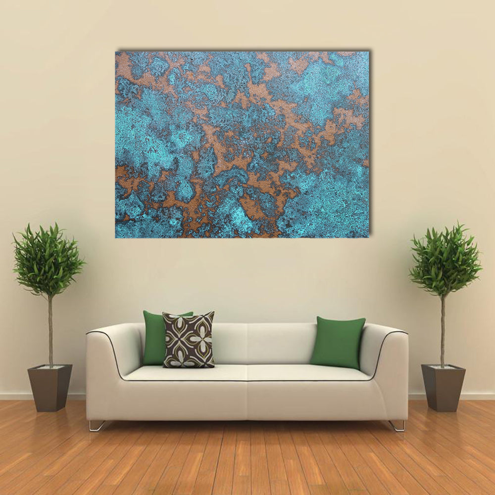 Aqua Rust Abstract Canvas Wall Art in brown and blue, single panel hung on a wall