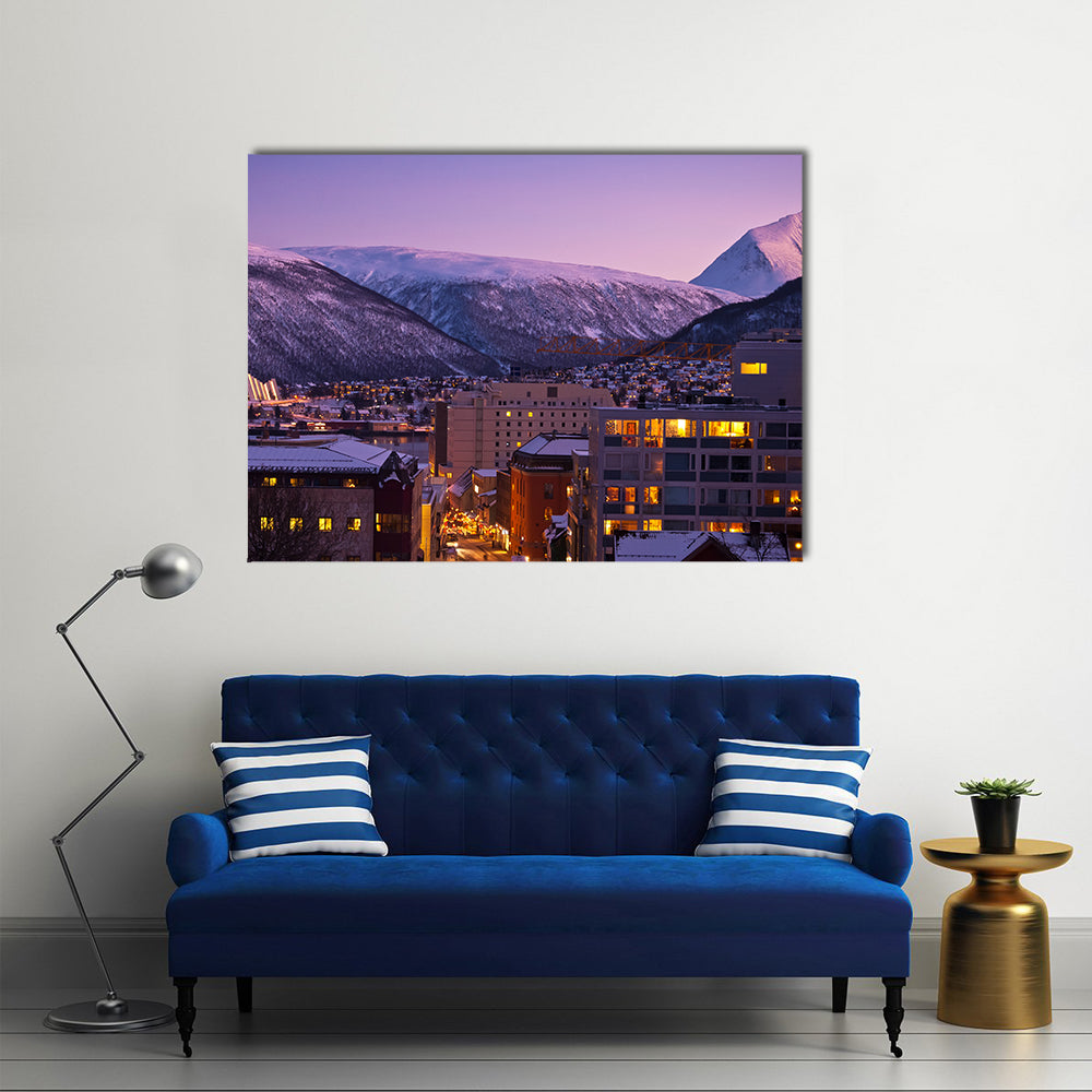 Tromso Cityscape At Dusk In Norway Canvas Wall Art in orange, blue and purple, single panel hung on a wall