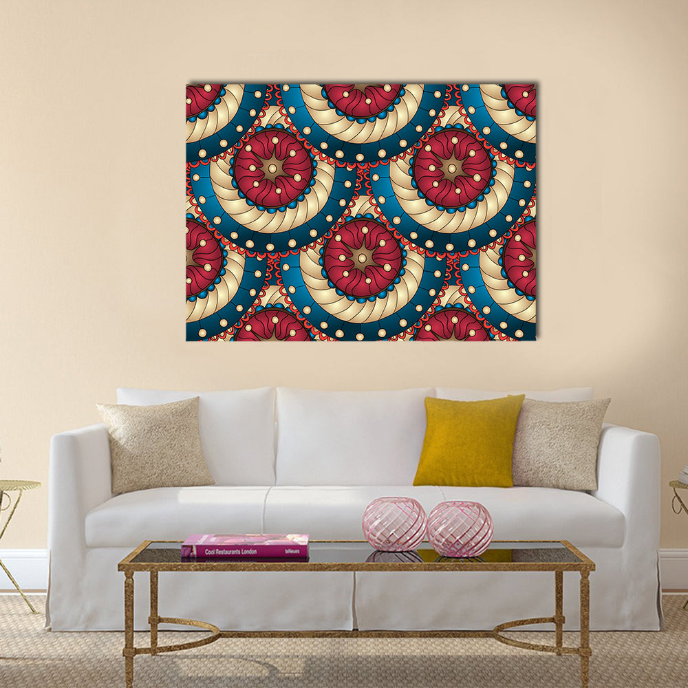 Blue and Gold Mandala Medallions Canvas Wall Art in gold, red and blue, single panel hung on a wall
