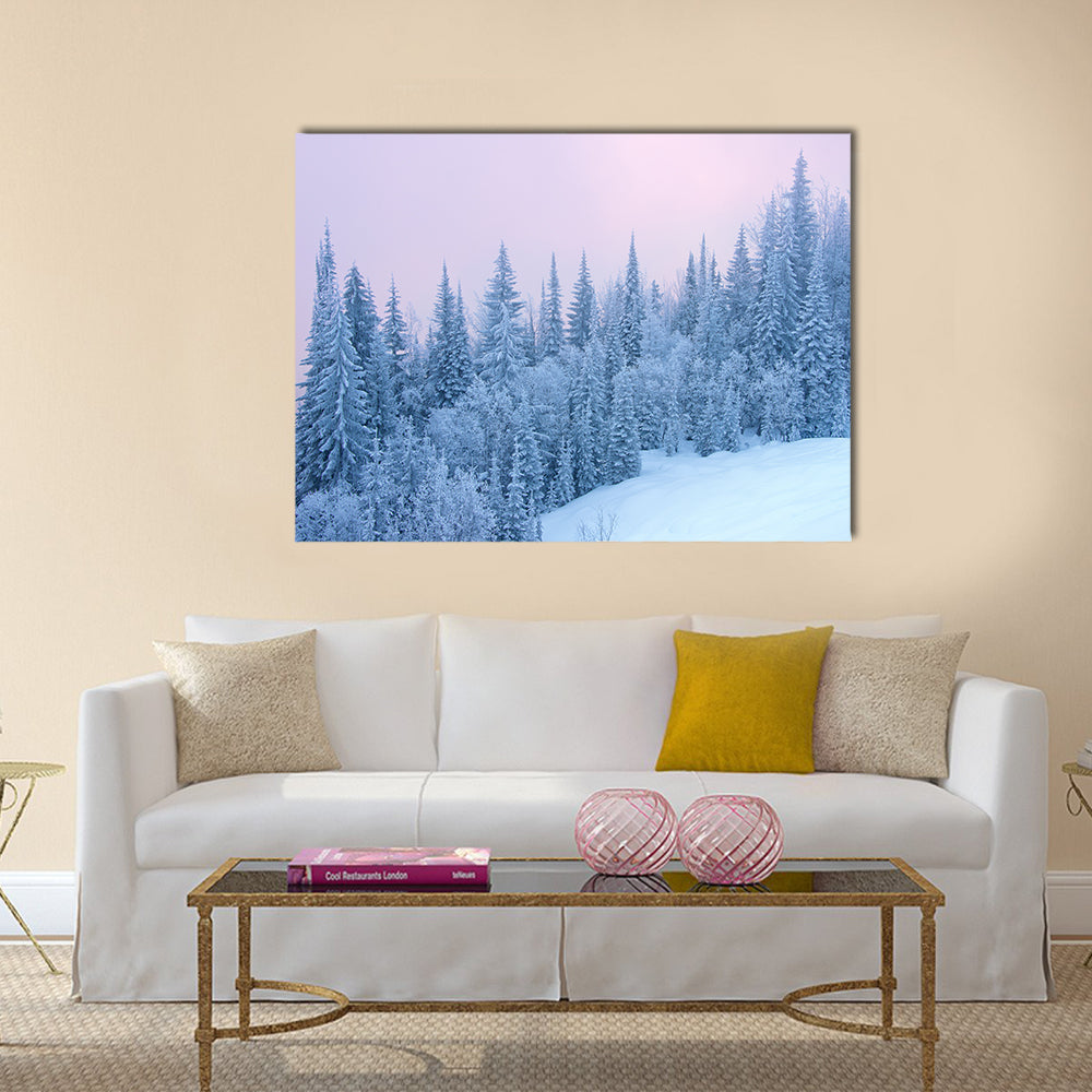 Winter Forest At The Sunset With Fog Canvas Wall Art