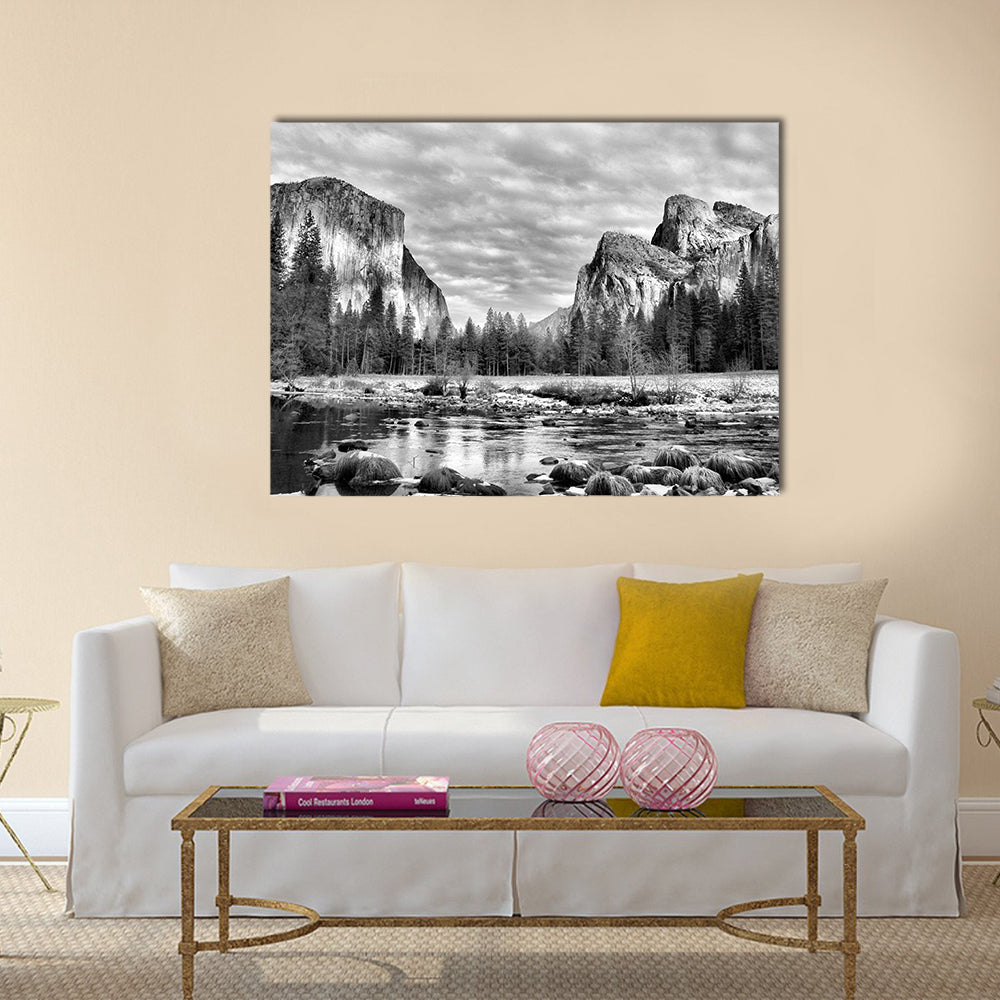 Yosemite Park In California Canvas Wall Art in black, white and gray, single panel hung on a wall