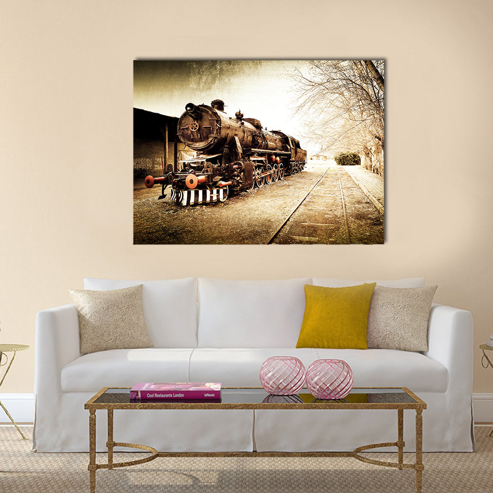 Antique Steam Locomotive in Sepia Canvas Wall Art in black, beige and brown, single panel hung on a wall