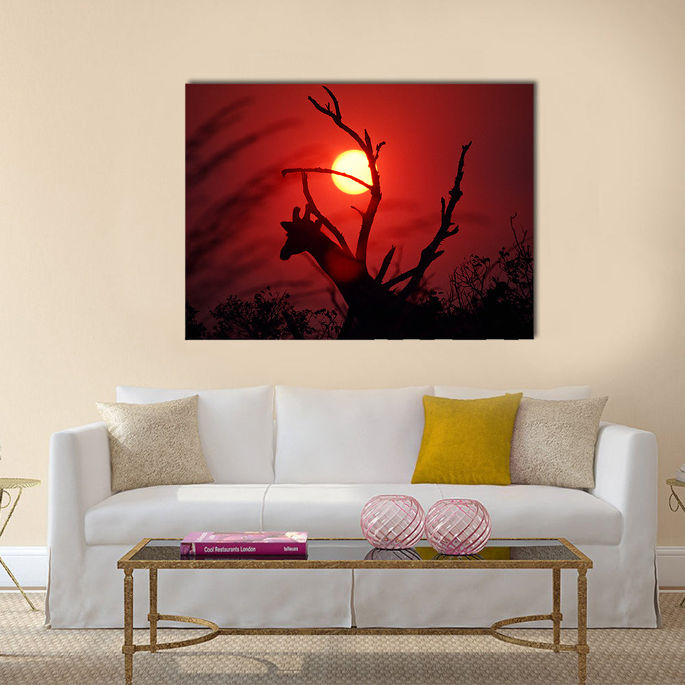 An African Sunset In Mikumi Forest Tanzania Canvas Wall Art in black, red and orange, hung on a wall