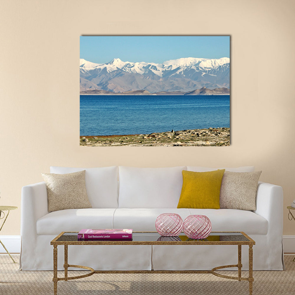Pamir Mountains And Karakul Lake In Tajikistan Canvas Wall Art in white, brown and blue, single panel hung on a wall