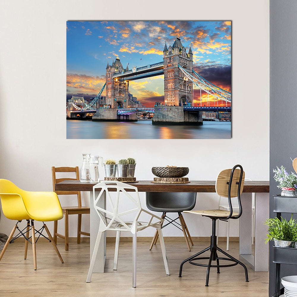 Tower Bridge at Sunset, London Canvas Wall Art in orange, yellow and blue, single panel hung on a wall