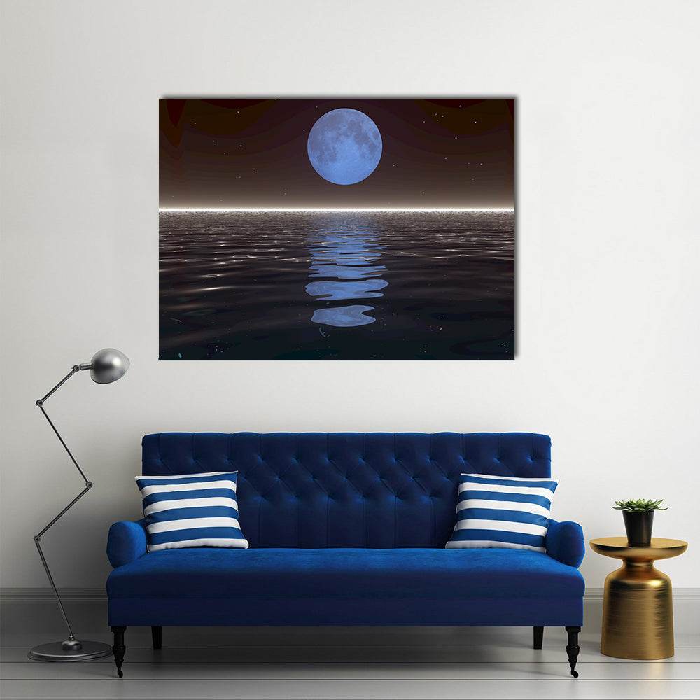 Surreal Moonset Over Water Canvas Wall Art in black, brown and blue, single panel hung on a wall