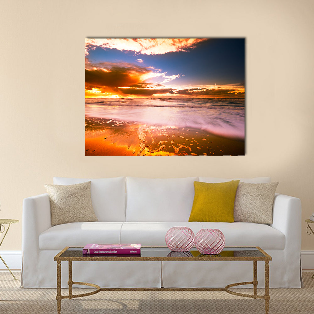 Sunset And Waves On The Beach Canvas Wall Art