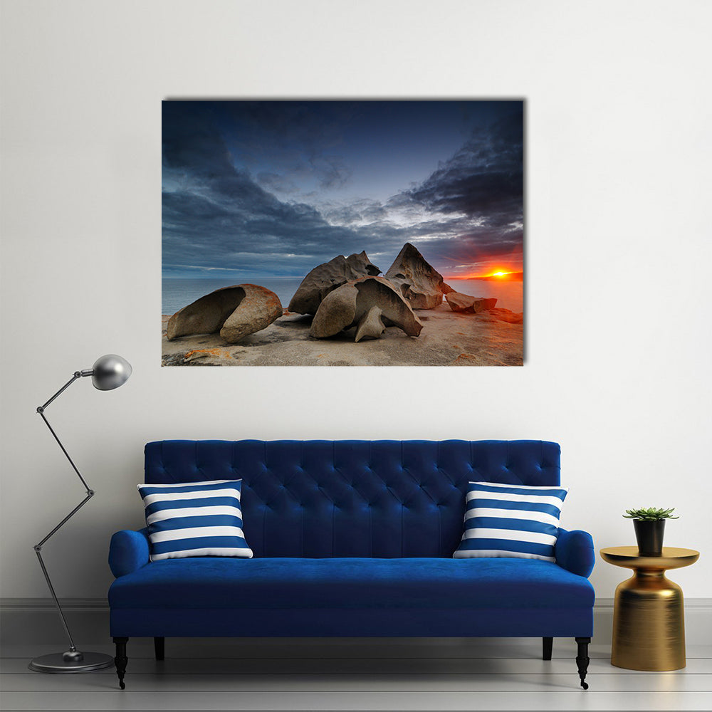 Remarkable Rocks on Kangaroo Island Beach Canvas Wall Art in gray, orange and blue, single panel hung on a wall