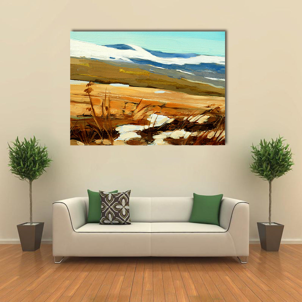 Winter Snow-capped Hills Landscape Canvas Wall Art in white, brown and blue, single panel hung on a wall