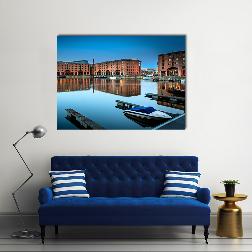 Albert Dock, Liverpool at Twilight Canvas Wall Art in brown, orange and blue, single panel hung on a wall