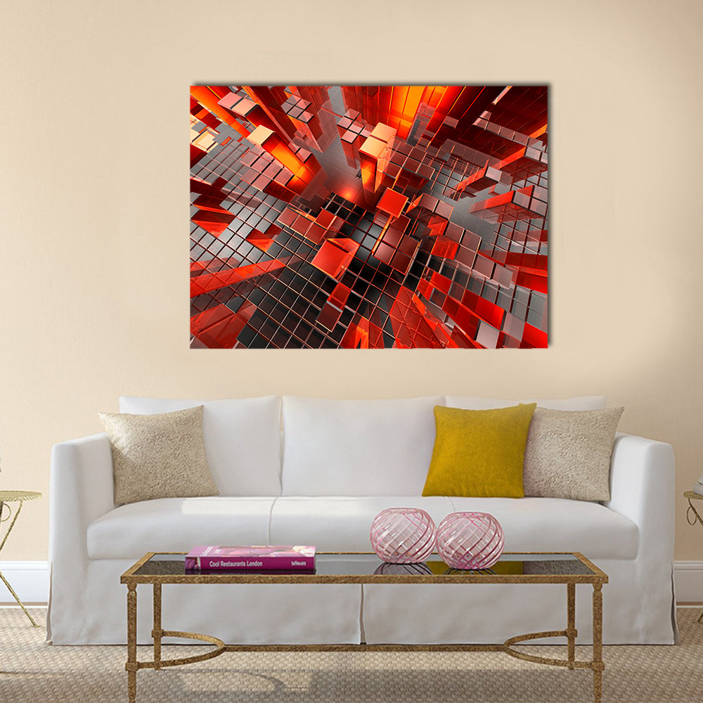 Futuristic Geometric City Blocks Abstract Canvas Wall Art in black, red and orange, single panel hung on a wall