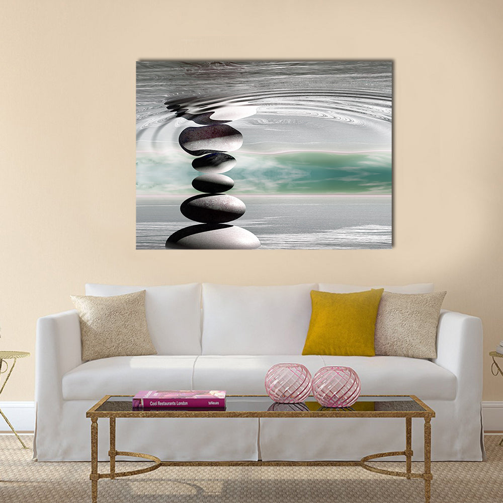 Zen Stones Canvas Wall Art in white, gray and green, single panel hung on a wall