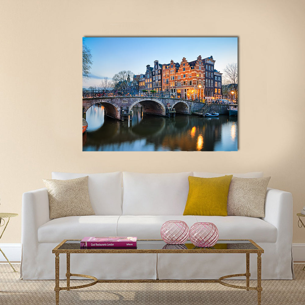 Sunset Over Brouwersgracht, Amsterdam Canvas Wall Art in brown, orange and blue, single panel hung on a wall