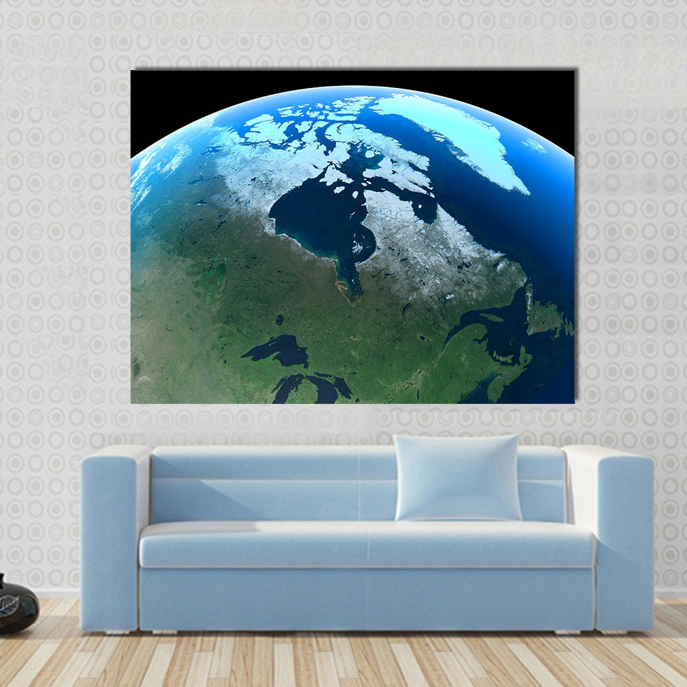 Canada and Greenland from Space Canvas Wall Art in white, green and blue, single panel hung on a wall