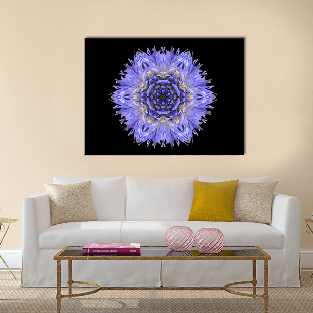 Blue Mandala Cornflower Canvas Wall Art in black, blue and purple, single panel hung on a wall
