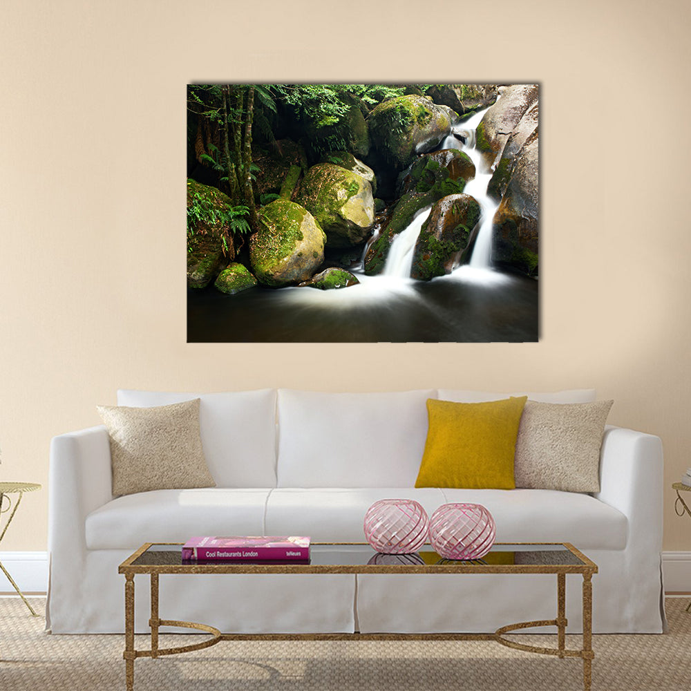 Yarra Ranges Waterfall In Victoria Australia Canvas Wall Art in white, brown and green, single panel hung on a wall
