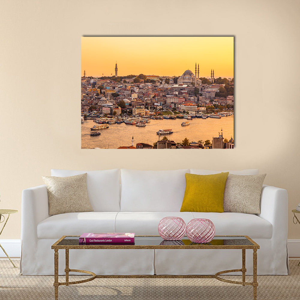 View On Golden Horn Bay From Galata Tower Canvas Wall Art in brown, gold and yellow, single panel hung on a wall