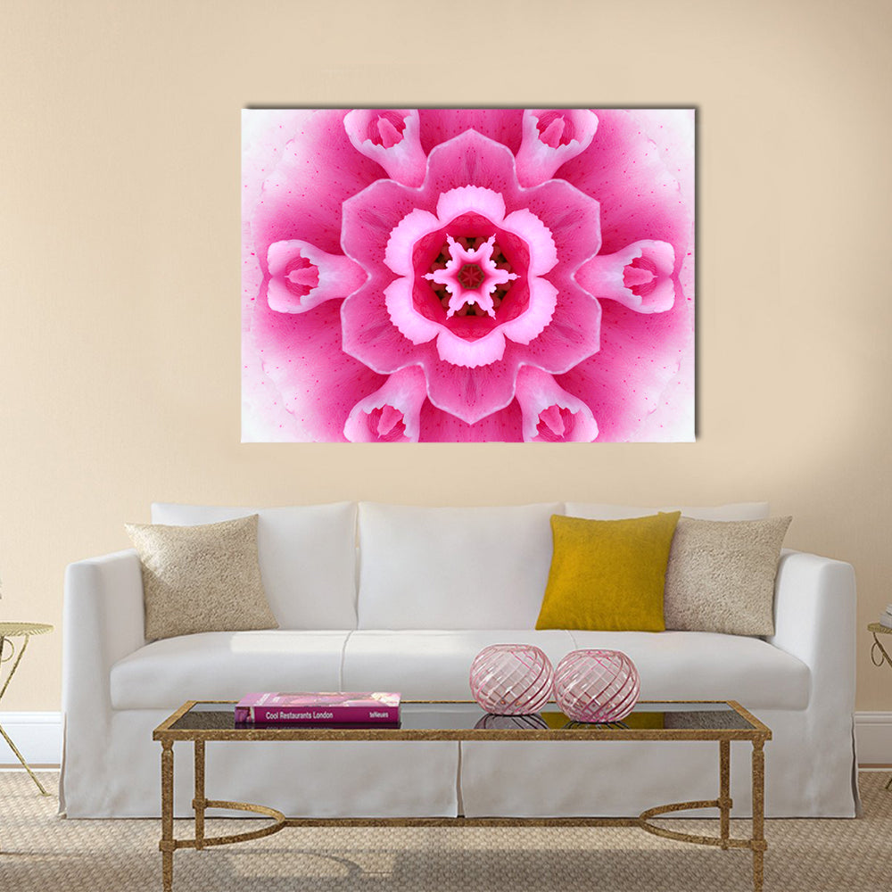 Pink Concentric Flower Canvas Wall Art in white and pink, single panel hung on a wall